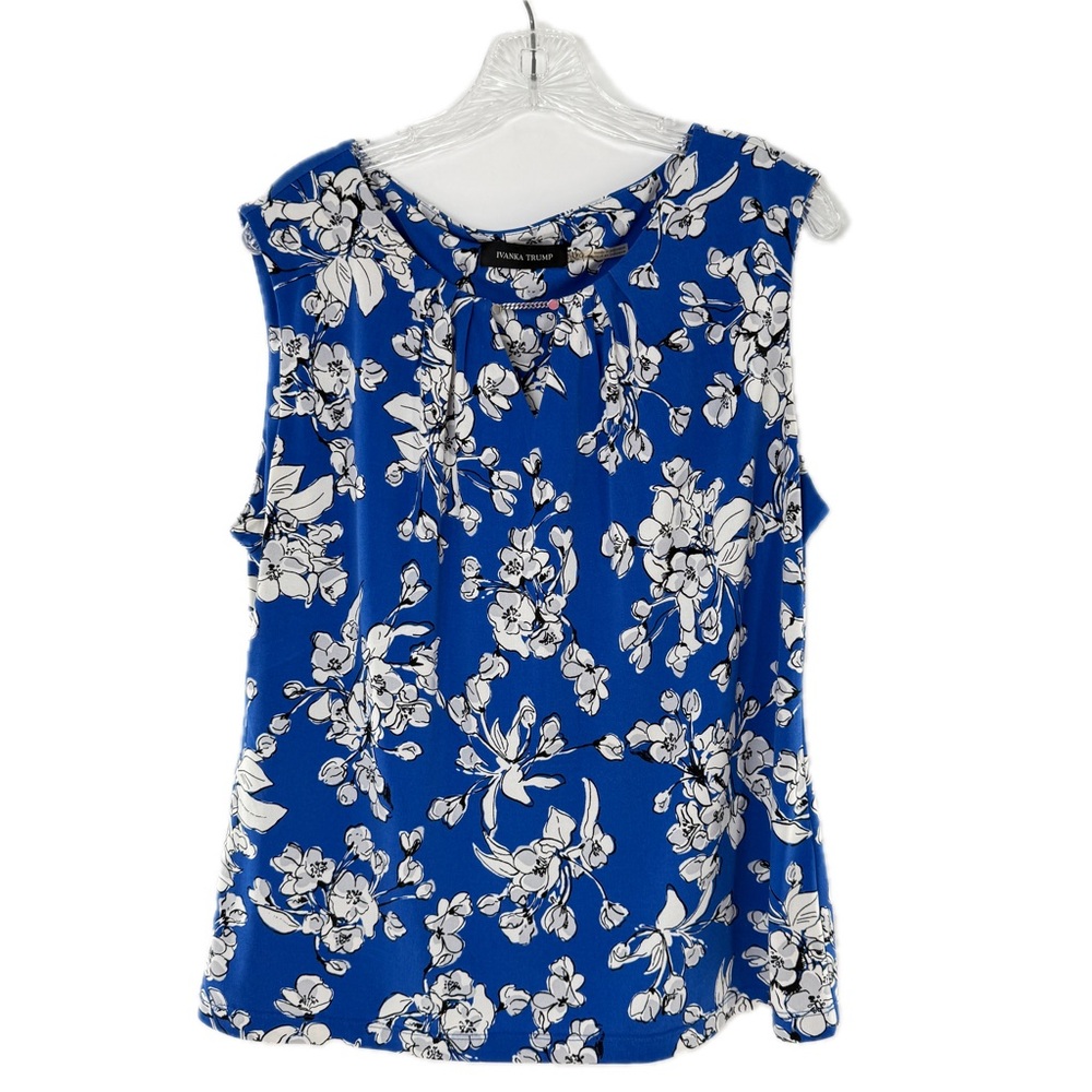 Ivanka Trump Floral Blue/White Sleeveless Career Blouse Keyhole Neck Size Large - Picture 11 of 16